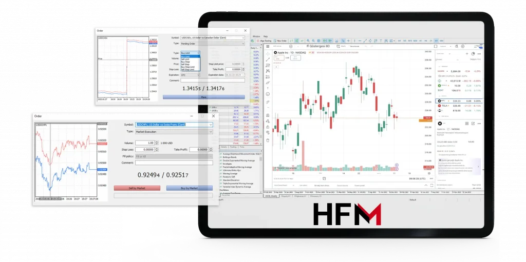 Tampilan platform trading HFM dengan grafik pasar dan jendela order di desktop.